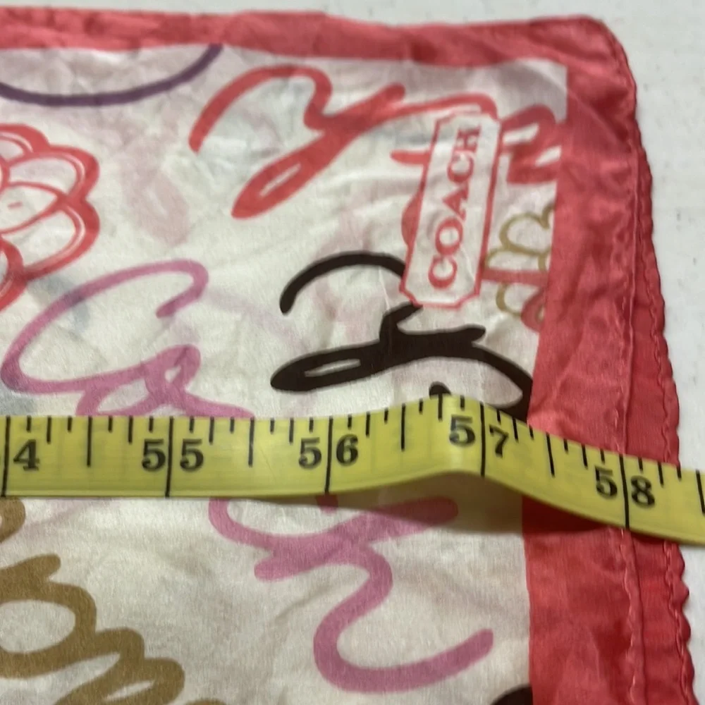 Coach Cream Silk Scarf with Red Border and Multicolor Script - Picture 6 of 9